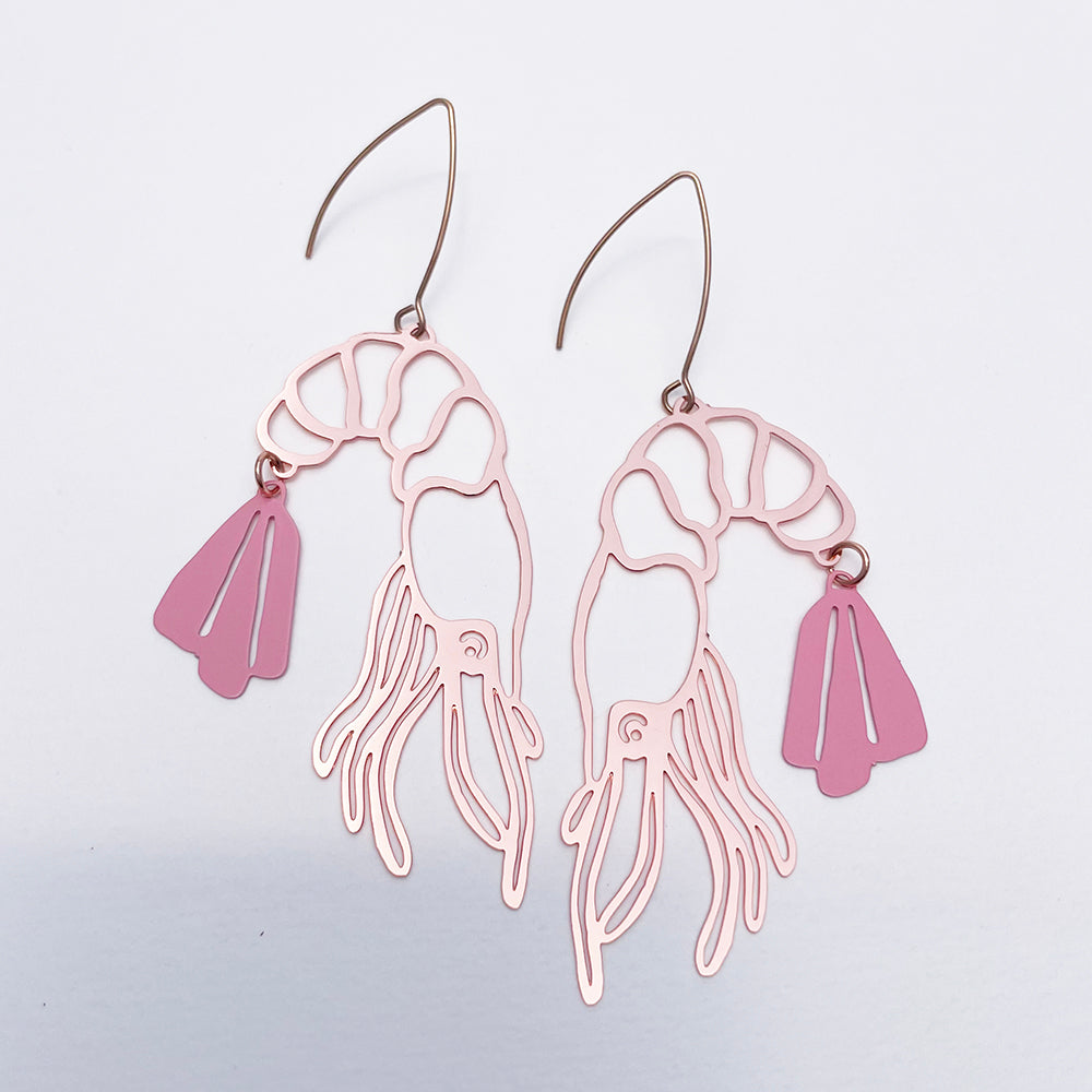 Prawn Dangles in Rose Gold & Pink