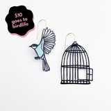 Birdcage & Bird Earrings in Black & Duck Egg