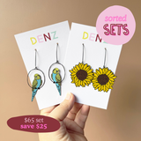 $65 Set: Budgie Blue Yellow & Sunflower Yellow Brown earring set