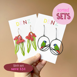 $69 Set: Gumnut & Leaf Green Raspberry & Blue Faced Parrotfinch earring set