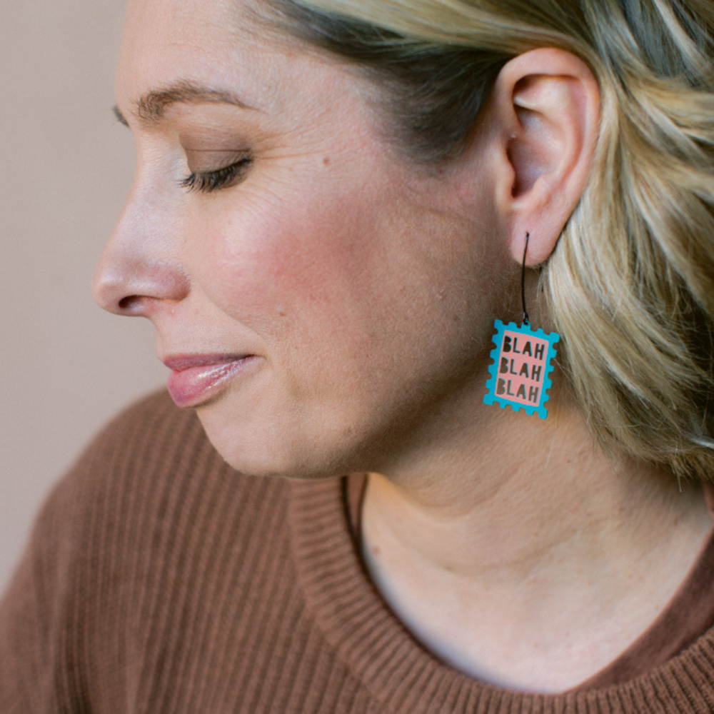 Blah Blah Blah Stamp earrings in Blue & Coral