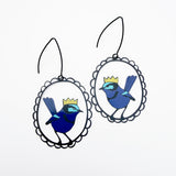 Christmas Splendid Wren earrings in Blues & Yellow