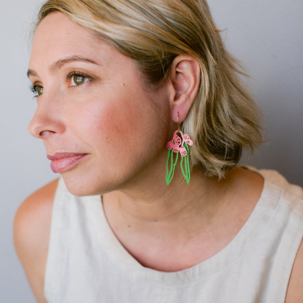 $69 Set: Gumnut & Leaf Green Raspberry & Blue Faced Parrotfinch earring set