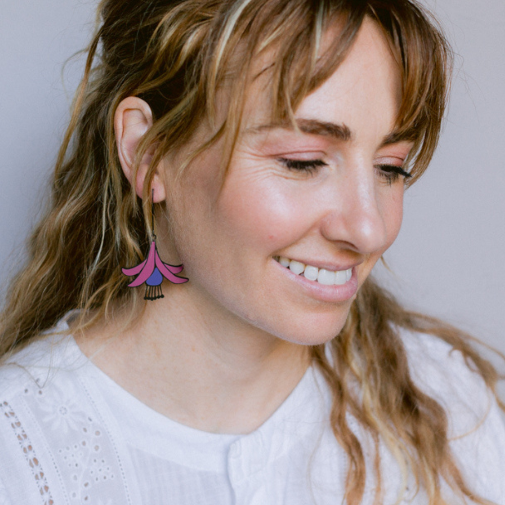 Fuchsia flower earrings in Black, Purple & Pink