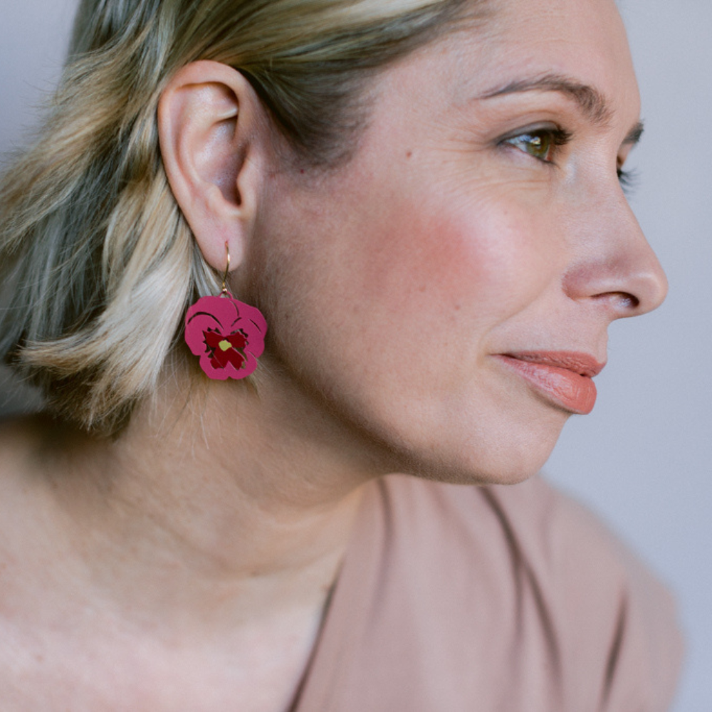Pansy flower earrings in Pink & Cherry