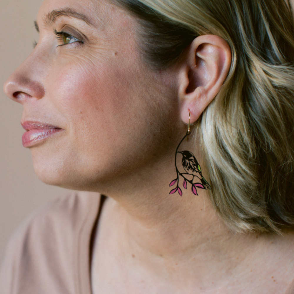 New Holland Honeyeater earrings in Black, Yellow & Purple
