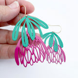 Protea flower dangle earrings in Raspberry & Green