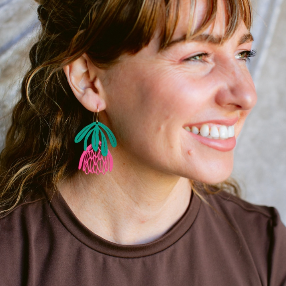 Protea flower dangle earrings in Raspberry & Green