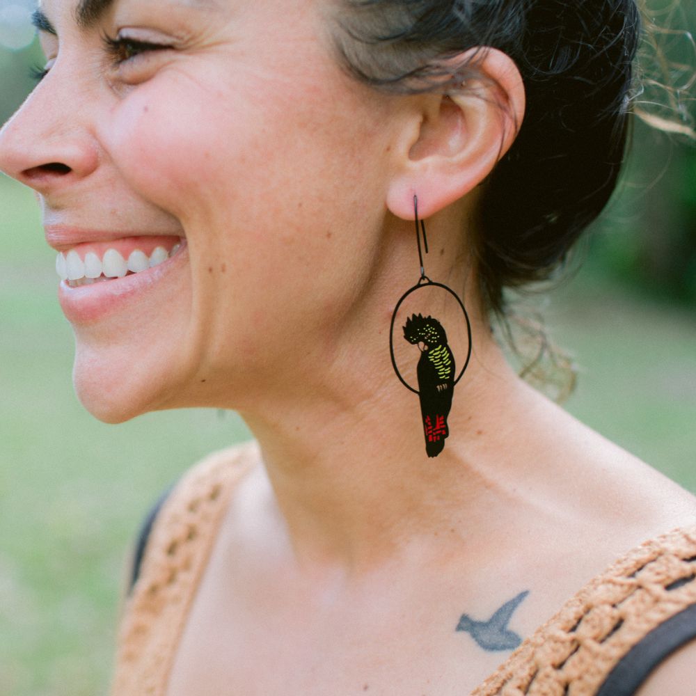 $59 Set: Red Tail Black Cockatoo & Banksia Gold earring set