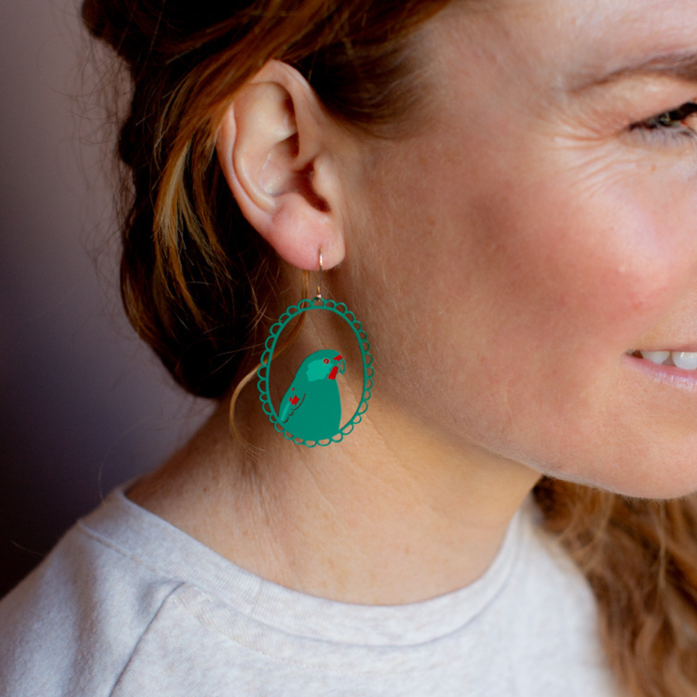 Swift Parrot earrings in Greens & Red