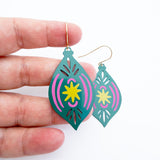 Vintage Ornament earring #2 in Spruce, Pink & Yellow