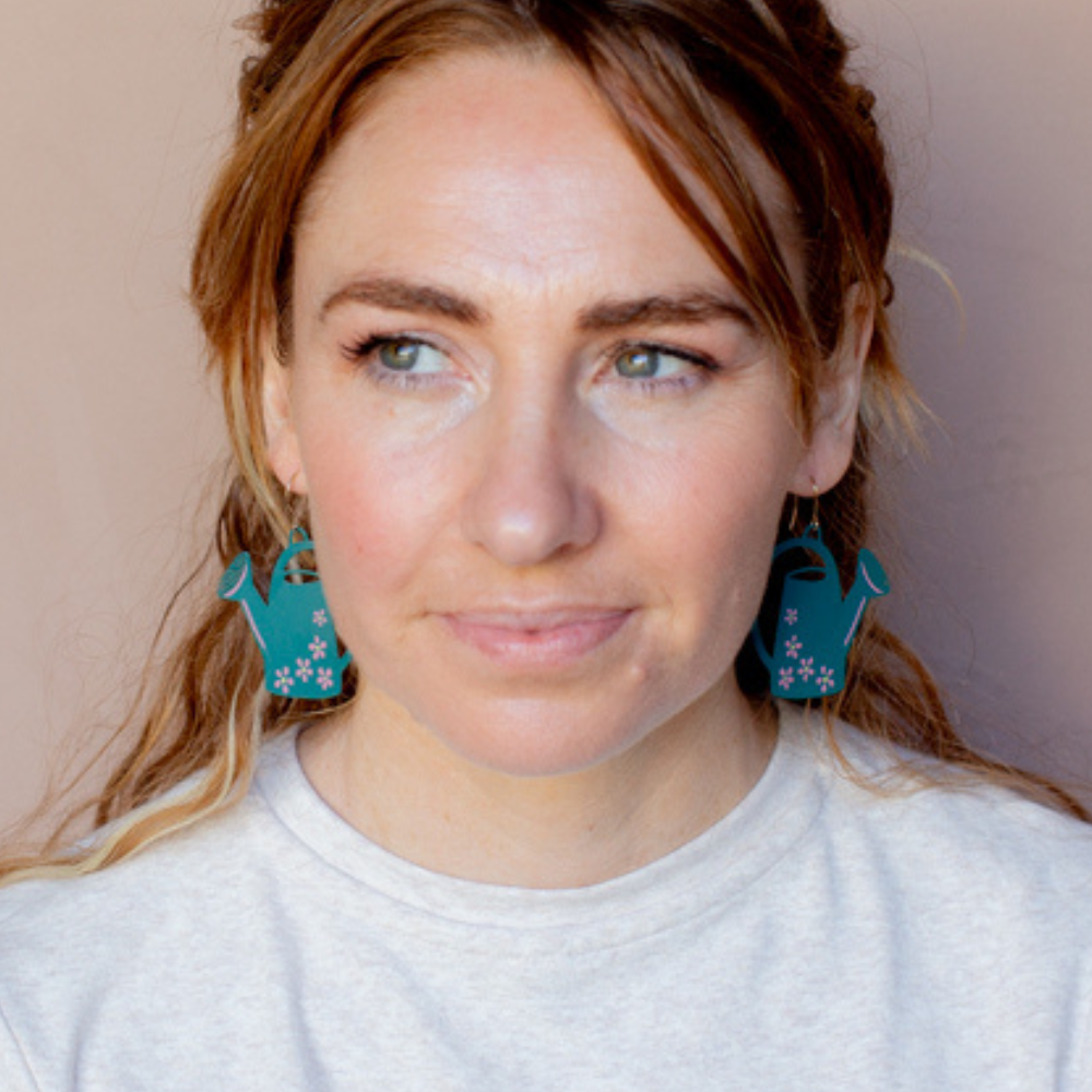 Watering Can earrings in Green & Pink