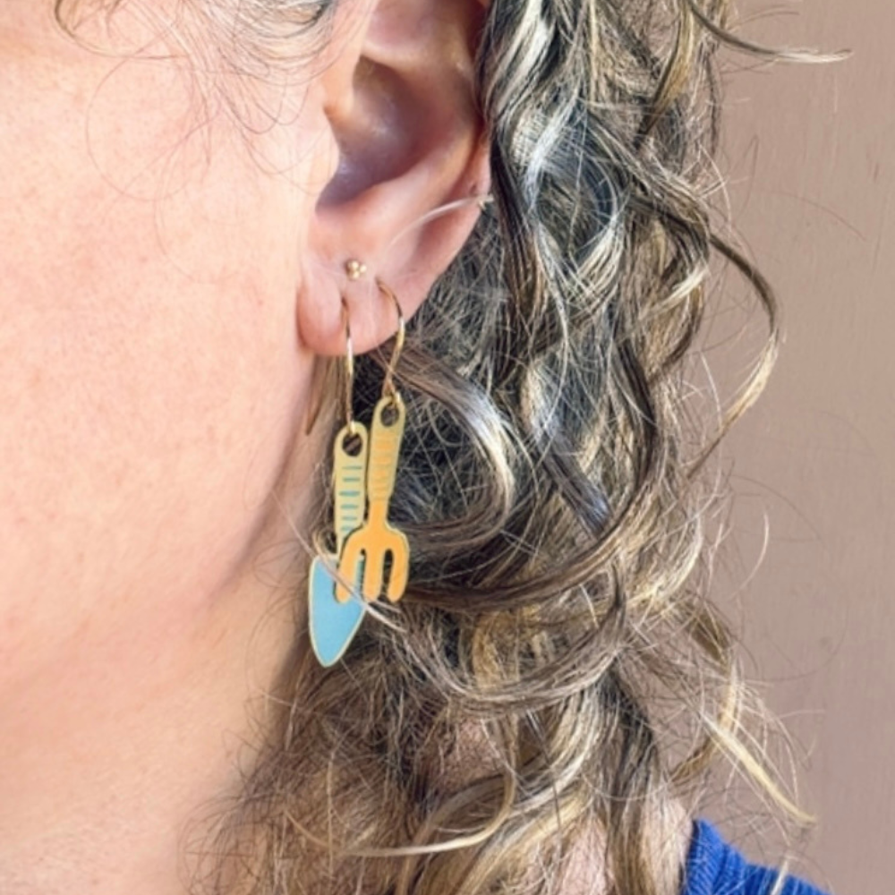 SECONDS - Fork & Spade stacker earring set Gold, Blue & Orange