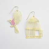 Birdcage & Bird Earrings in Gold & Pink