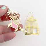 Birdcage & Bird Earrings in Gold & Pink