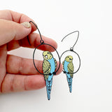 Budgie earrings in Black/Blue/Yellow