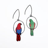 Eclectus mismatched pair earrings in Red/Blue/Green