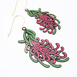 Grevillea flower earrings in Black/Green/Pink