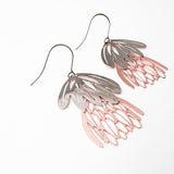 Mini Protea flower dangle earrings in Silver/Rose Gold