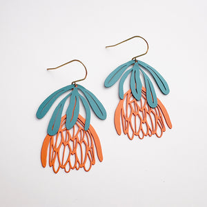 Protea flower dangle earrings in Teal & Orange