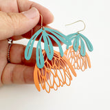 Protea flower dangle earrings in Teal/Orange