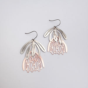 Protea flower dangle earrings in Silver & Rose Gold - Mini