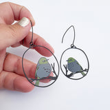Midi Silvereye bird earrings in Black/Grey/Olive